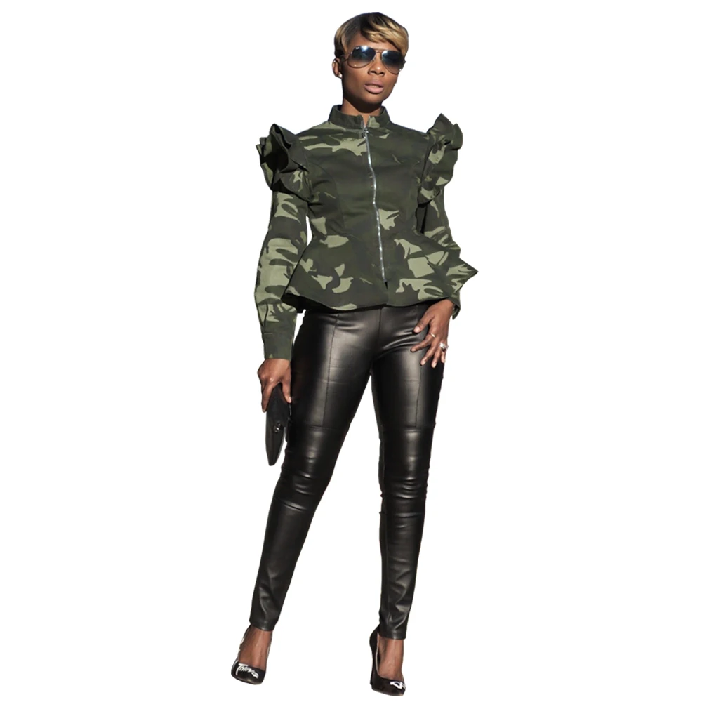 

2019 women new Spring Fashion Army Green Camouflage Bomber Jacket Half high collar Ruffle Women Long Sleeve Zip Jacket Coat