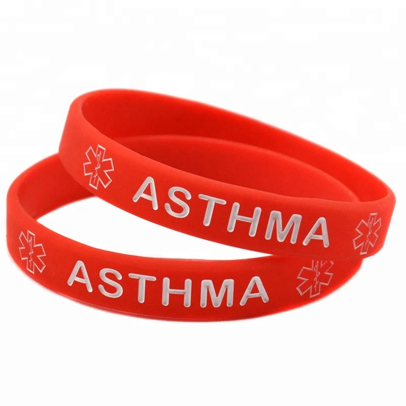 

50PCS Debossed Asthma Silicone Wristband for Emergency, 6 colors