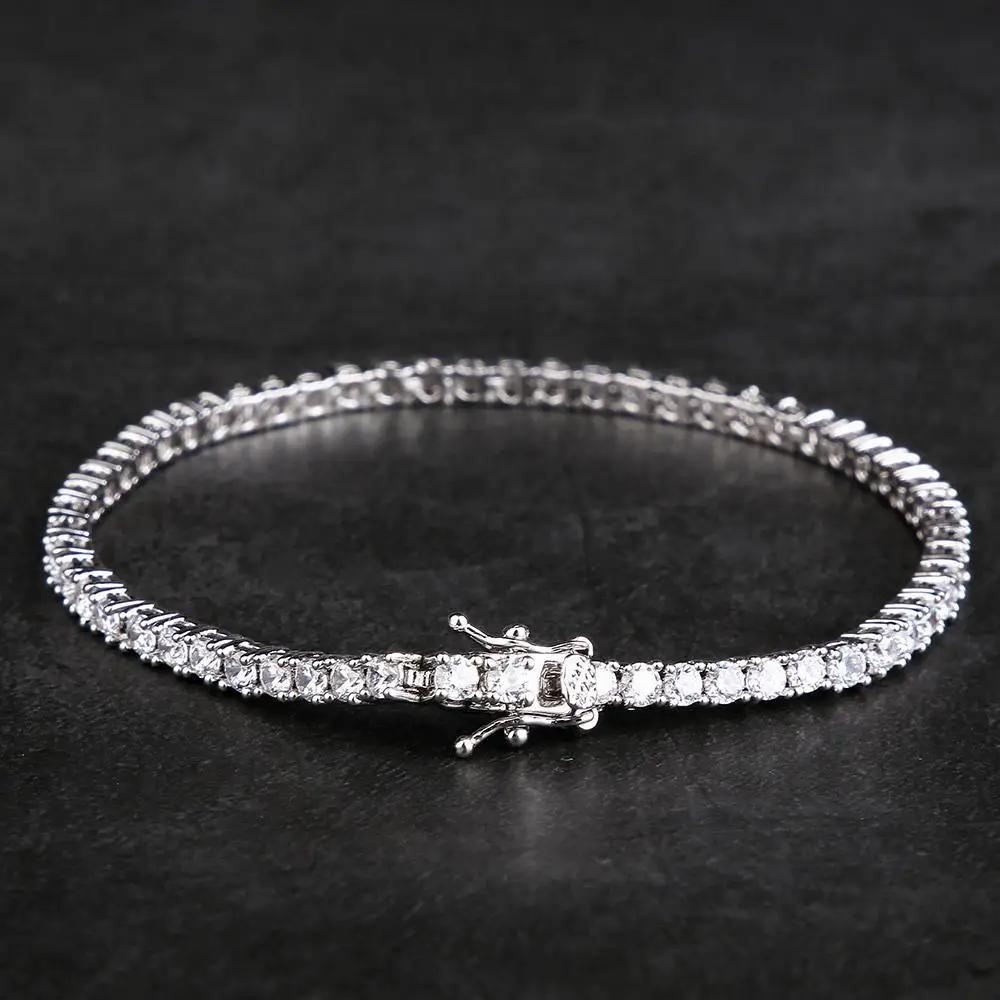 

KRKC&CO Hip Hop Jewelry 3MM 9inch White Gold Tennis Zircon Chain Bracelet Diamond Tennis Bracelet