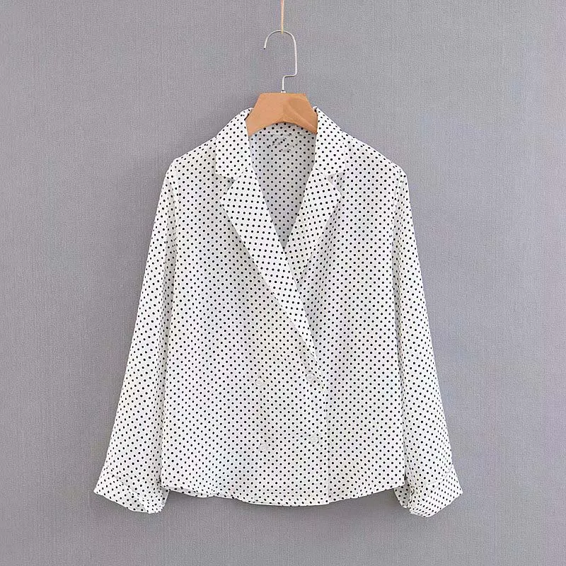 

Turn down collar women casual loose long sleeve white with black polka dot shirt officewear blouse