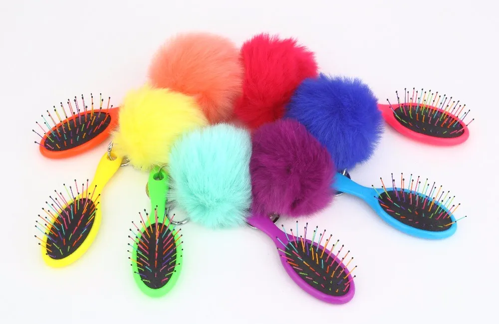 Factory cost girls fashion cute wet mini hair brush with pom pom and