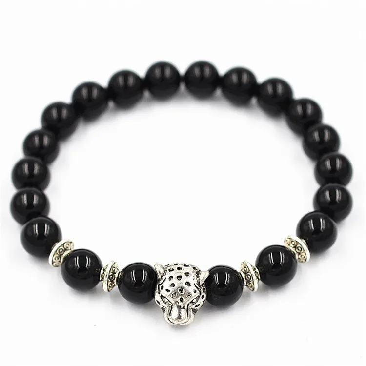

Lava Energy Stone Beads Stretch Bracelet silver Leopard Head Agate Stone with metal spacer Charm Bracelet for gift