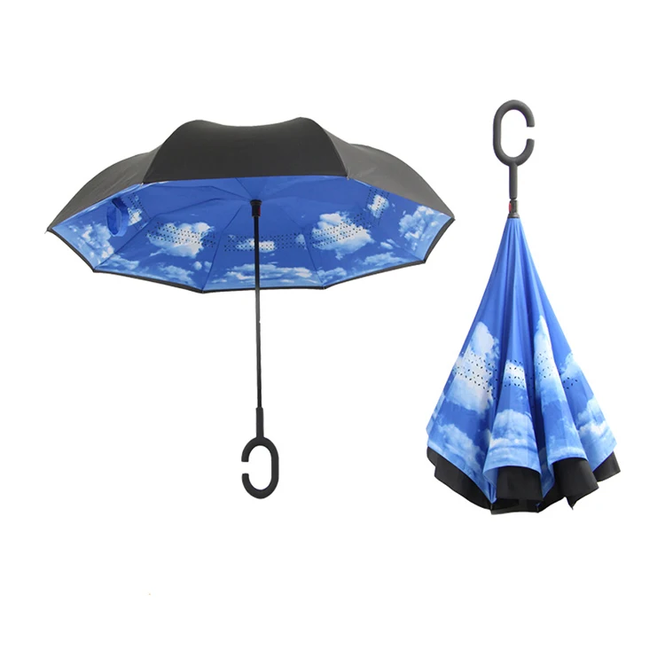 

Modern Upside Down Reverse Umbrella C-Handle Double Layer Inside-Out Windproof, As show
