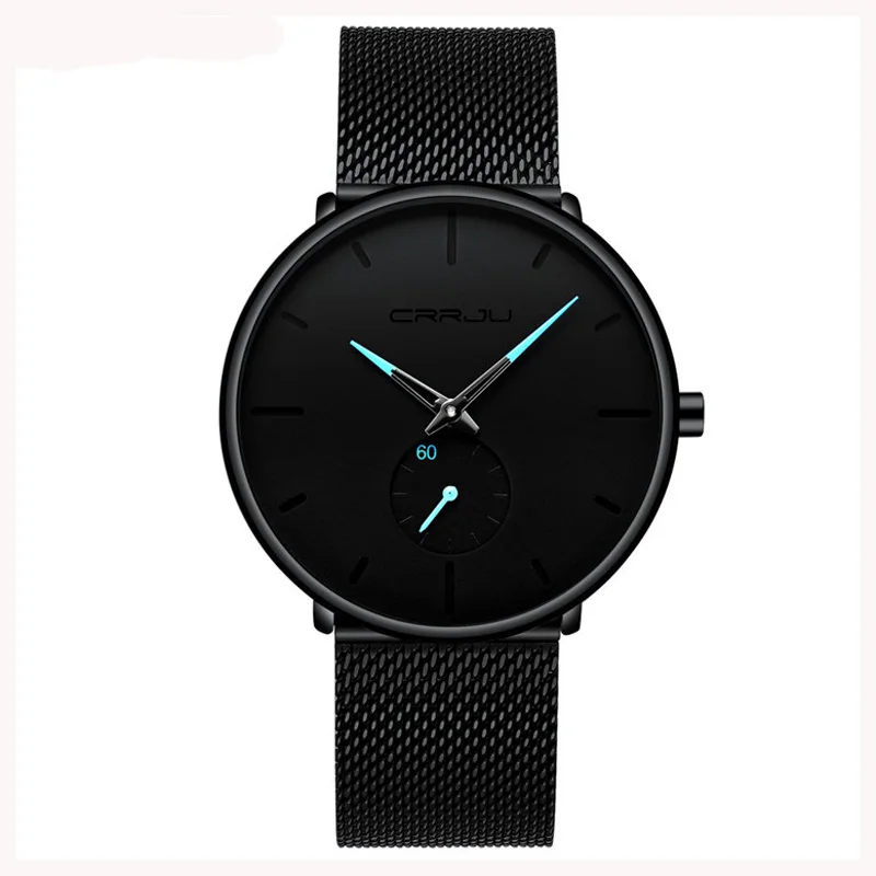 

CRRJU Mens Watches Luxury Black Quartz Wristwatch Stainless Steel Mesh Sport Watch Relogio Masculino