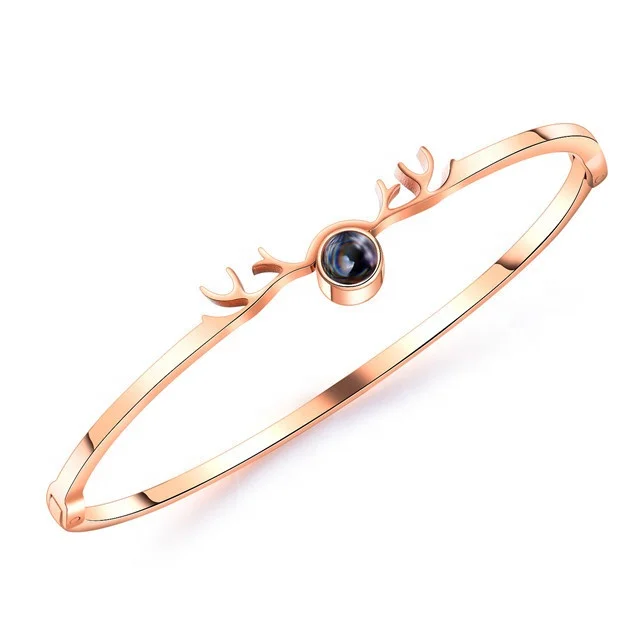 

High Definition Glass Deer projection Jewelry Plated Rose Gold 316L Stainless Steel Antlers Bangle