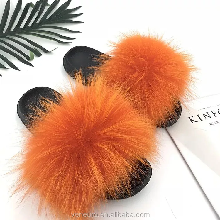 

New arrivals woman big plus fluffy furry raccoon fox fur slides, Customized color