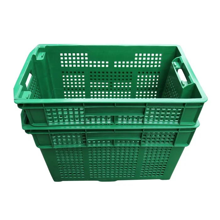 

QS Perforated Mesh Deep Turnover Basket Box Plastic Mesh Baskets Stackable Storage Tomato Crates Bale Arm Heavy Duty for Fruits