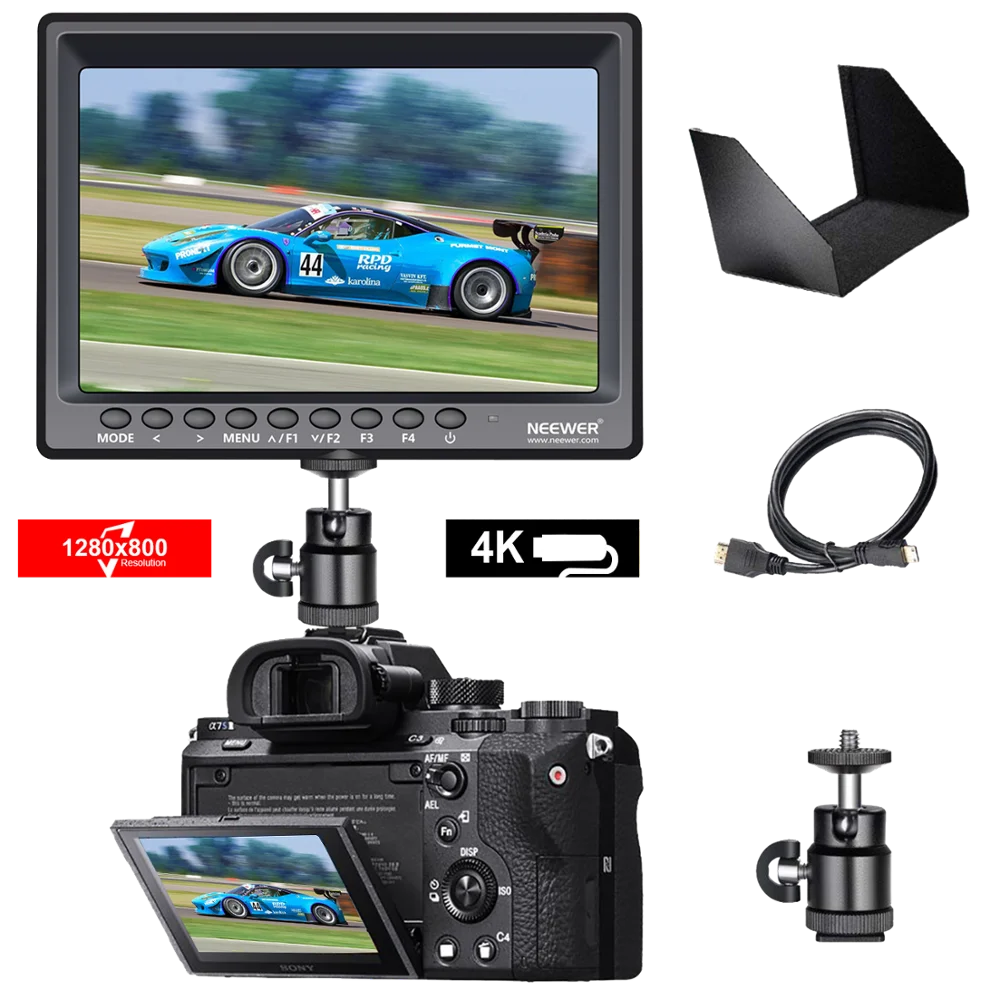 

Neewer F100 7-inch 1280x800 IPS Screen Camera Field Monitor support 4k input Video for DSLR Mirrorless Camera, N/a