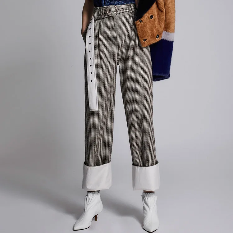 

Vintage London Stem Pipe Pants Tartan British Plaid Women blazer trousers Fashion women check grid winter Pants with waist belts