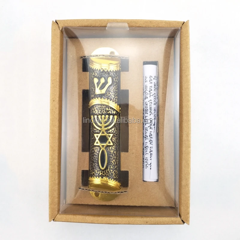 Black Enameled Jewish Judaica Door Mezuzah Case With Parchment Scroll