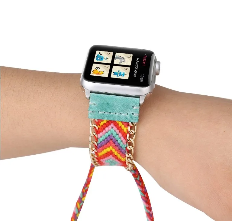 

Rainbow Band Compatible Weave Strap Bracelet for Apple Watch, As picture shown