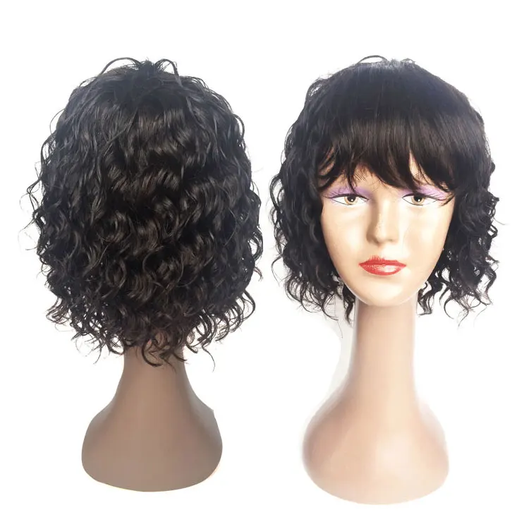 Hongyuan Short Deep Curly Wigs with Bangs Brazilian Hair None Lace Wigs for Women Black Color Wigs