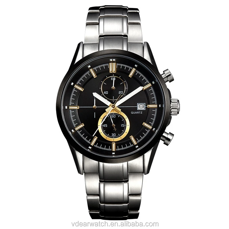 Two eyes day window slim chronograph watch stainless steel chain silver color luxury watches men top brand
