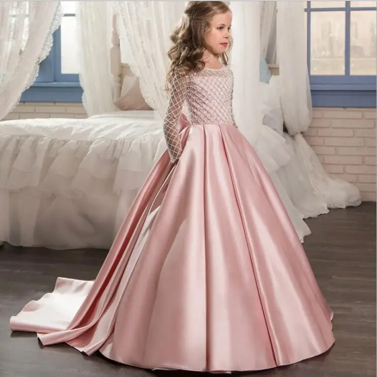 

Wholesales Female big children chiffon new style Grid Tube top Pleated Trailing wedding dress long sleeves and long dress, Pink