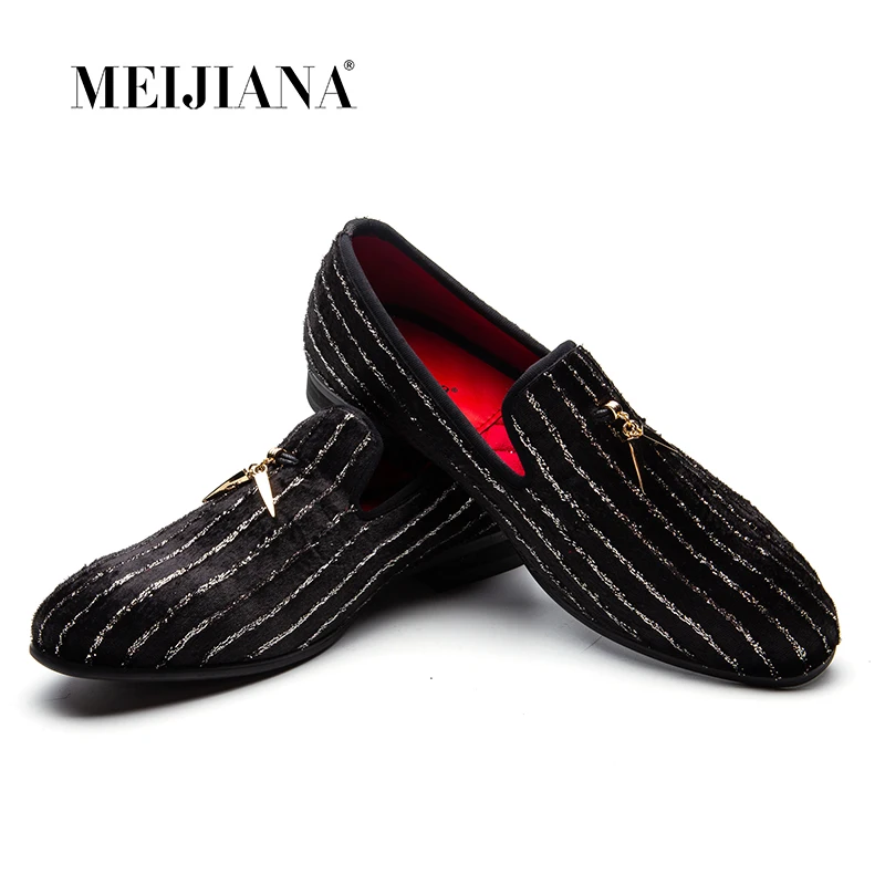

MEIJIANA Striped Loafers Men Flats Crystal Slippers Black/Red Suede Slip-on Strass Dress Shoes Wedding Party