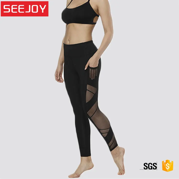 

women high waist tight pants gym sport workout yoga fitness mesh leggings pockets