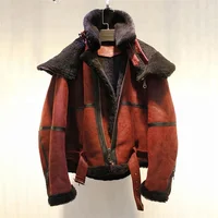 

European style luxury short sheepskin leather hooded coat womens winter England lambshkin fur large collar bomber ladies jacket