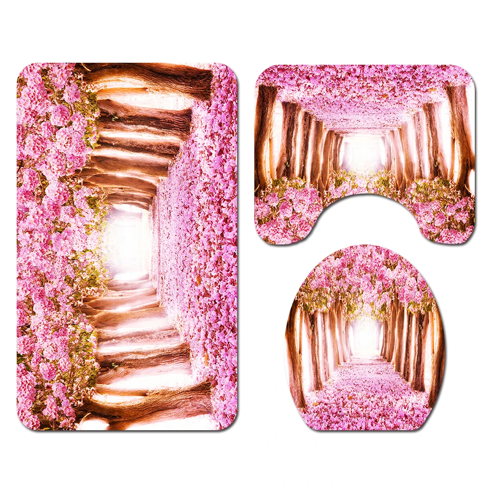 Lovely Pink Toilet Pad Cover Bath Mat Shower Curtain Set for Princess Bathroom Decoration