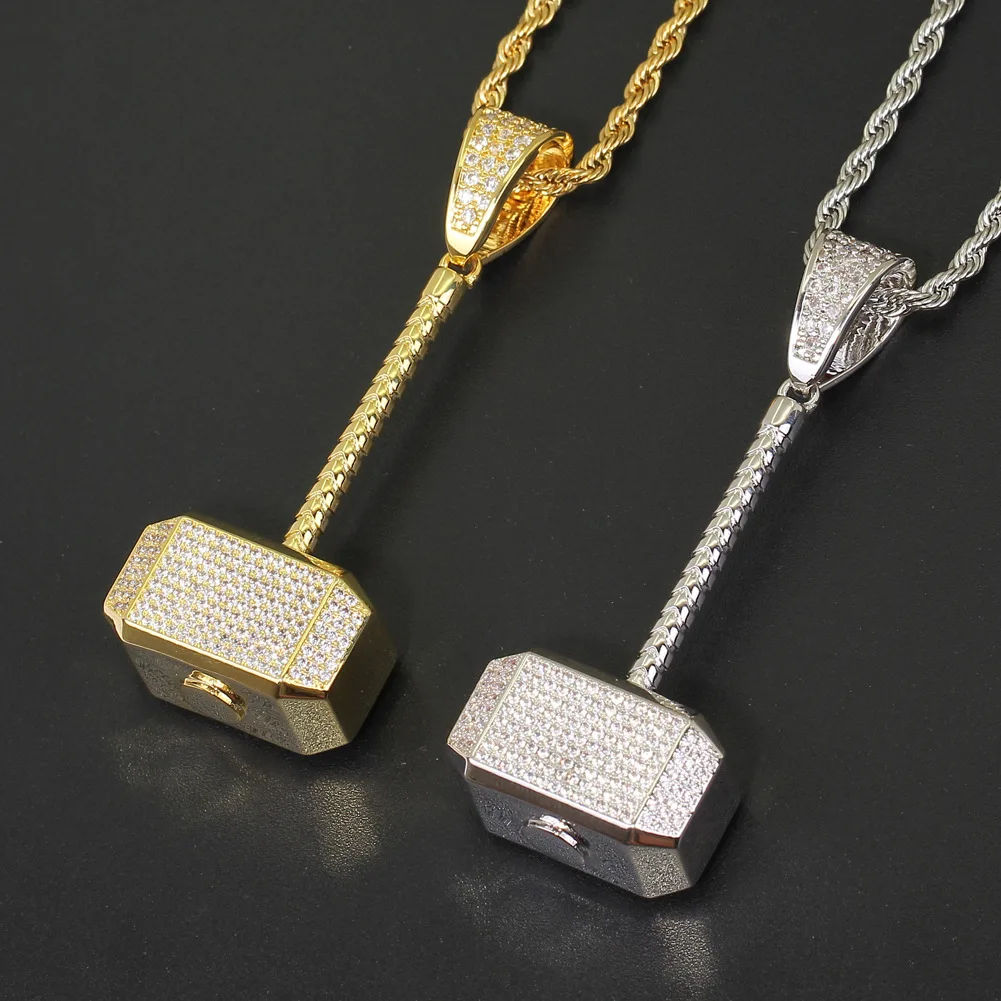 

New simple design Hip hop hammer shape movie Quake Thor's Hammer Iced out zirconia pendant gold plated pendant necklace, Gold, silver