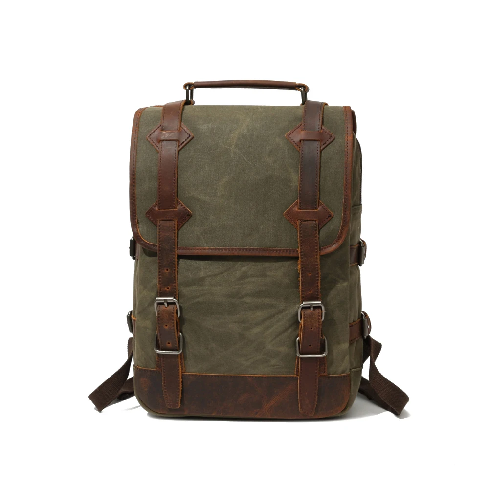Guangzhou Supplier Outdoor Travel Unisex School Bag Waxed Canvas And Leather Laptop Backpack