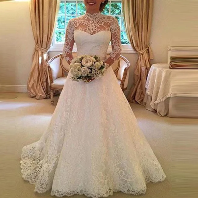 

2019 new cheapest white dacron dress lace long sleeve wedding dresses