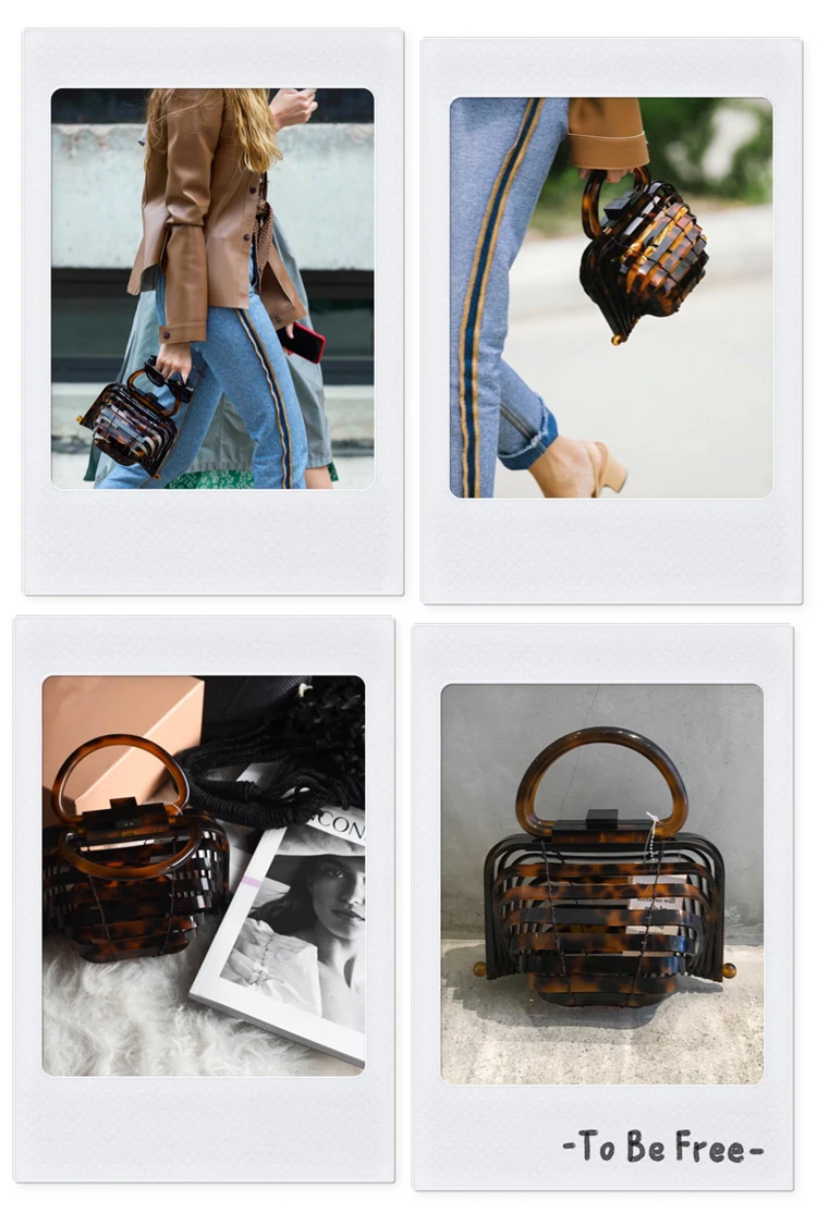 Women Foldable Acrylic Handbag Hollow Out Basket Bird CageTote Ark Bag Hand Woven Bag Bamboo Stitching plastic basket beach bag