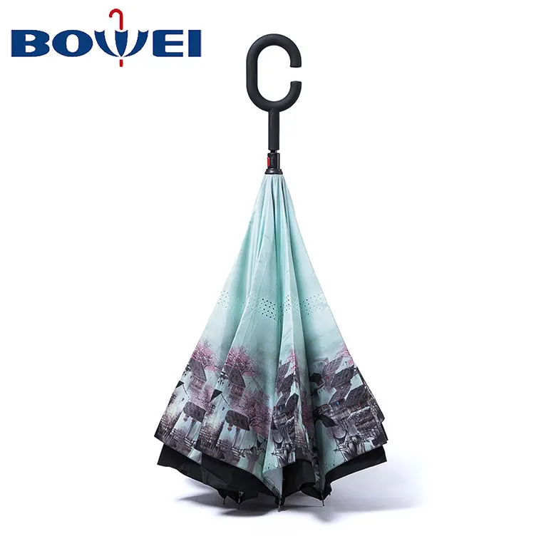 Factory sale top quality double layer pongee c handle reverse umbrella