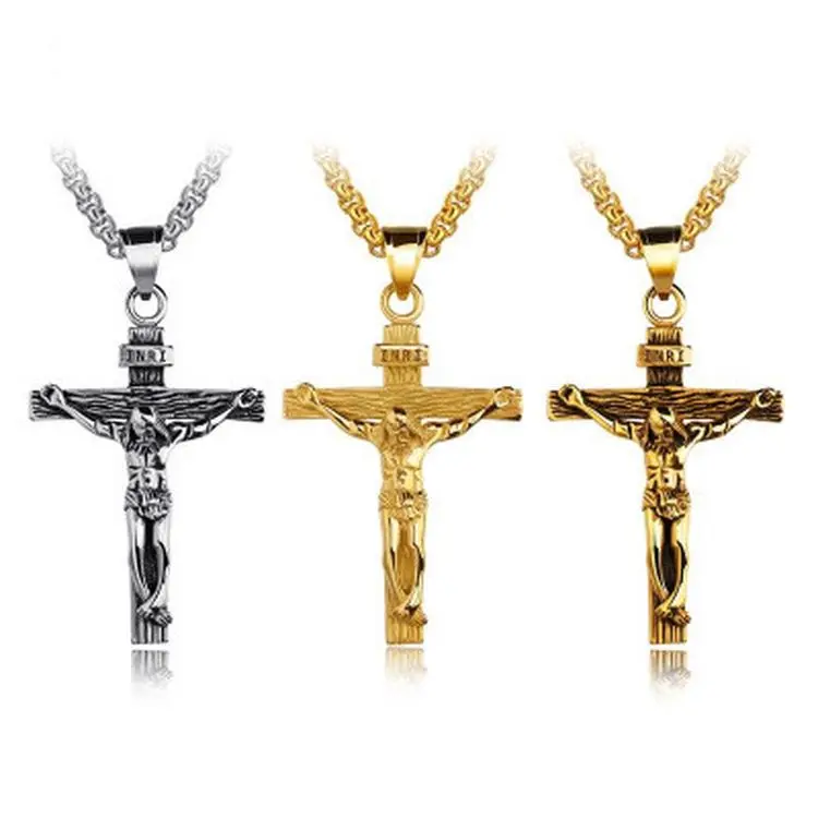 

New Fashion Design Men Jewellery 316 L Stainless Steel Jesus Cross Necklace, Gold black silver