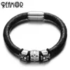 REAMOR 316L Stainless Steel Cross Skull Highest Polishing Bead Genuine Leather Bracelet For Men Punk Style Magnet Bangle