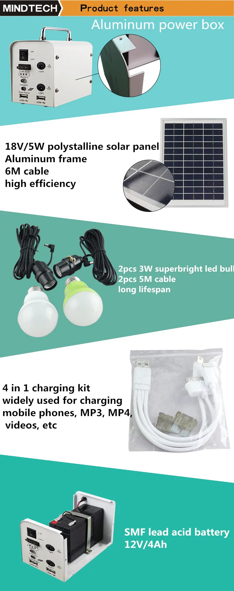 mindtech 5w 10w 20w small solar power lighting kits for small home