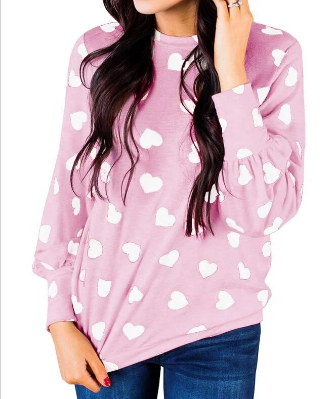 

Womens Tops Casual Long Sleeve Valentines Day Love Printed Top, As shownn