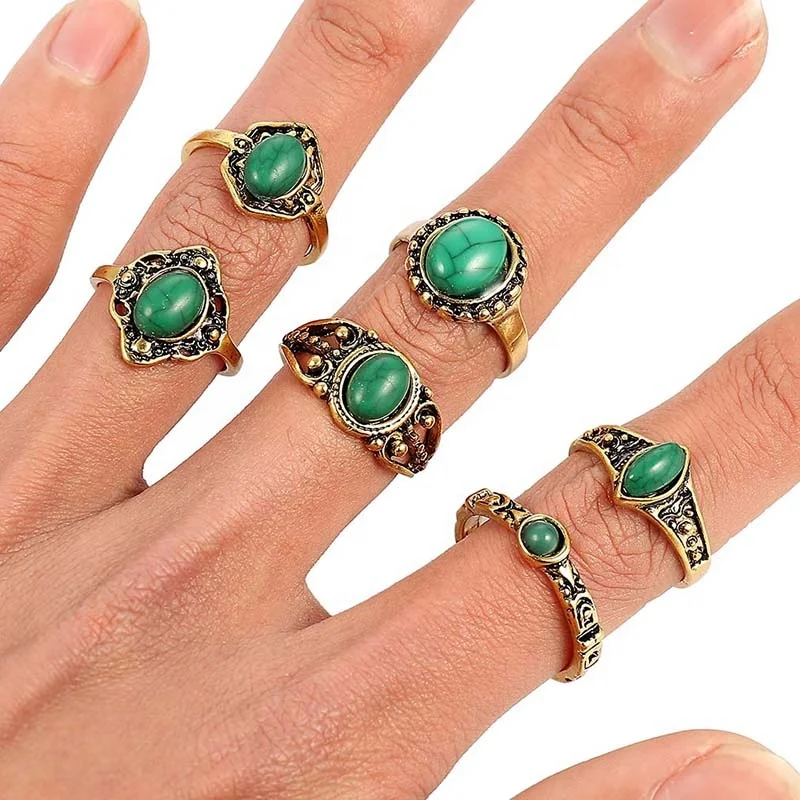 

Vintage Gold Mix Size Women Turquoises Opal Natural Stone Rings Fashion Female Jewelry Gifts Wholesale