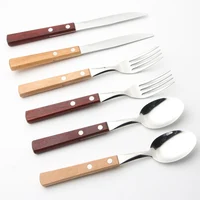 

304 stainless steel silver restaurant hotel spoon fork flatware set with wooden handle