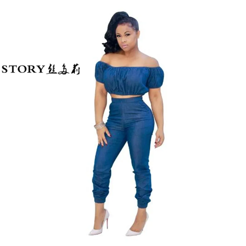 

Women sexy off shoulder short sleeves high waist crop top long pants jeans party clubwear outfit denim two piece suit jumpsuits, N/a