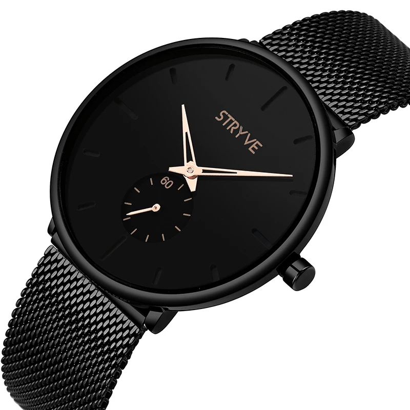 STRYVE Quartz Waterproof women Watch Fashion Sport Casual Black Stainless Steel Face Ultra Thin Clock Relogio Hot Sale