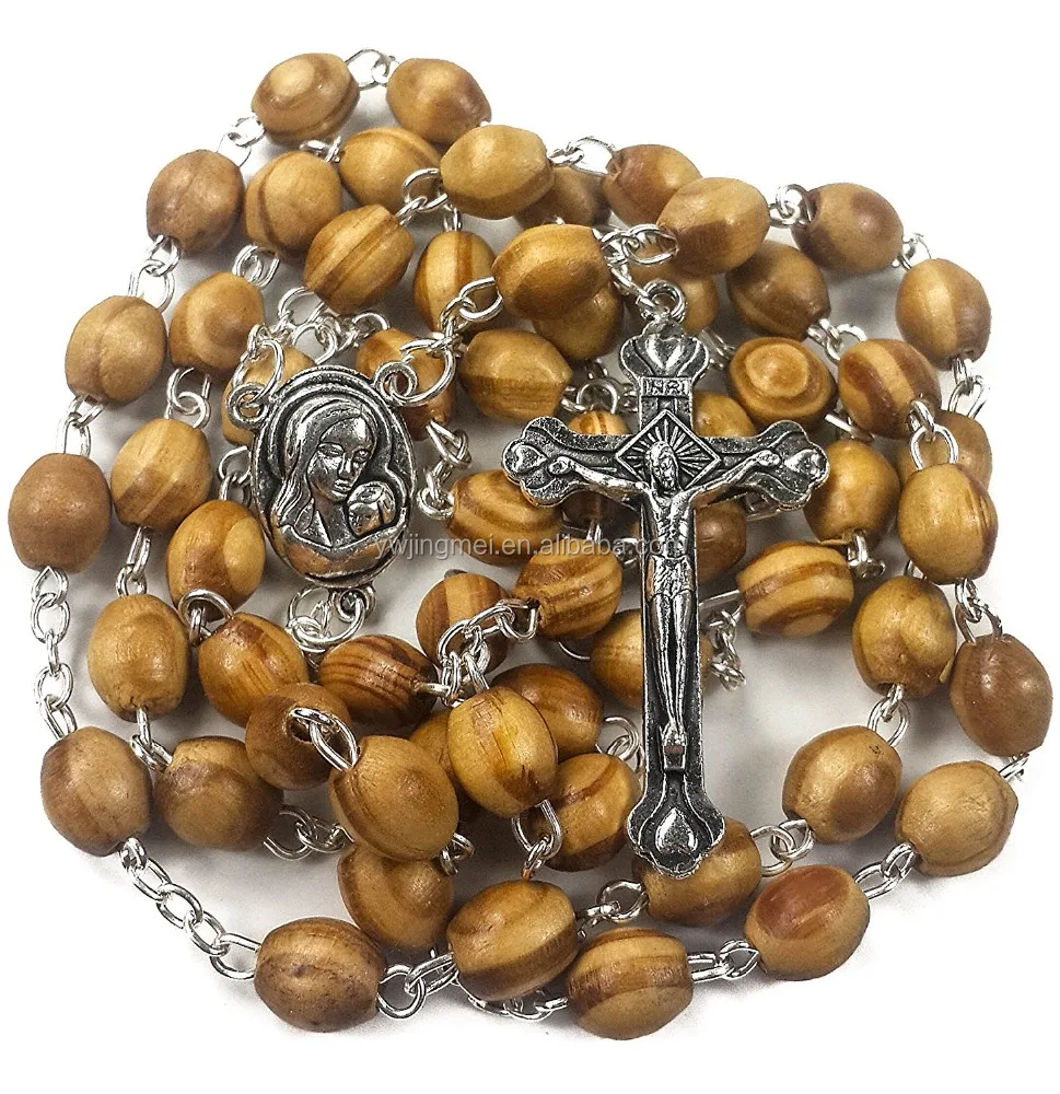 

Catholic Prayer JerusalemRosary Olive Wood Beads Religious Necklace Holy Soil Medal & Metal Cross