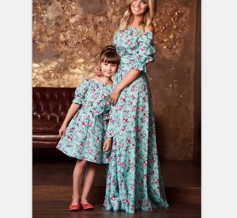 

Mother daughter dresses Ruffled Half Floral Long Dress with Blet vestido mae e filha Mother and daughter clothes Family Look