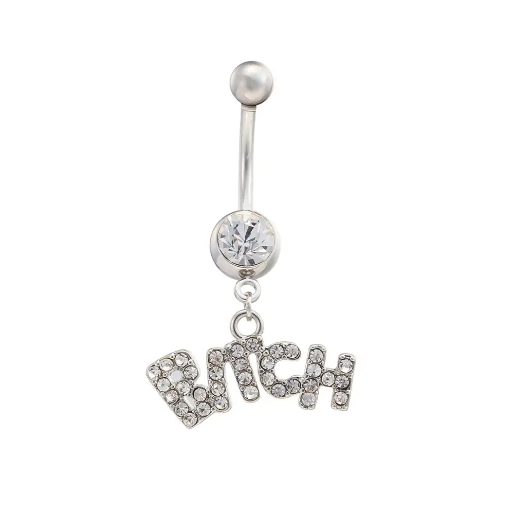 

Hot Sale Custom Bitch Belly Button Ring 316L Stainless Steel Navel Rings CZ Crystal Body Piercing Jewelry, Color as shown;accept custom color