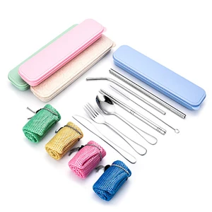 Image of 304 Stainless steel dinner set tableware set portable travel cutlery set with wheat box