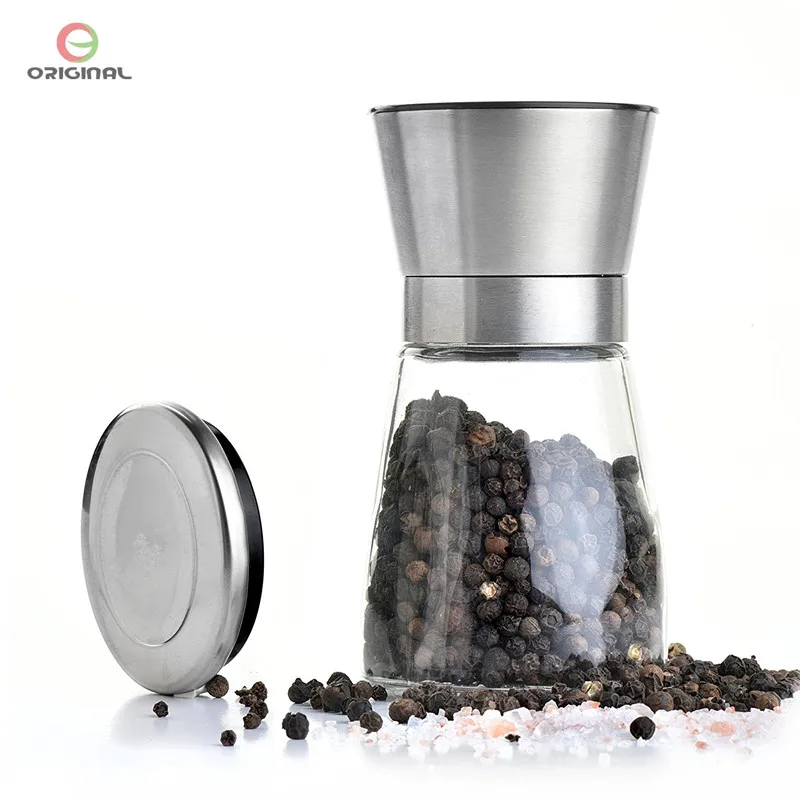 

wholesale Best price manual spice salt pepper mill 160ml glass ceramic core black pepper grinder bottle, Silver