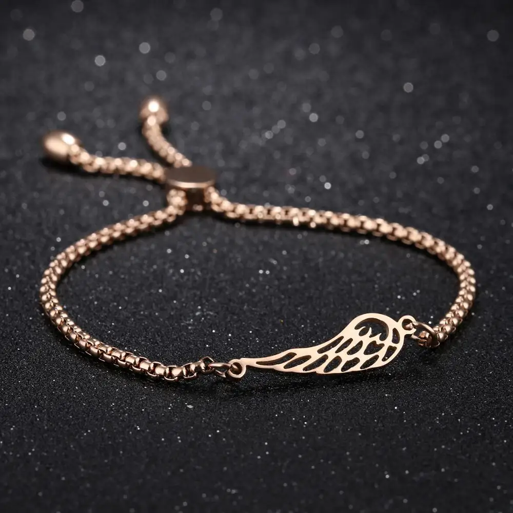 Newest Adjustable Women Stainless Steel Extendable Chain Charm Angel Wings Bracelet