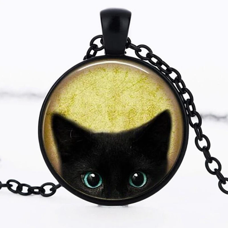 

Fashion Cute Round Peeking Black Cat Pendant Necklace, Black;silver;bronze