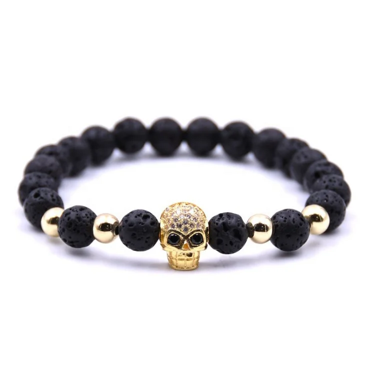 

Free Shipping China Wholesale Natural Onyx Lava Stone Skull Bracelet for Men, Silver;gold;rose gold;black