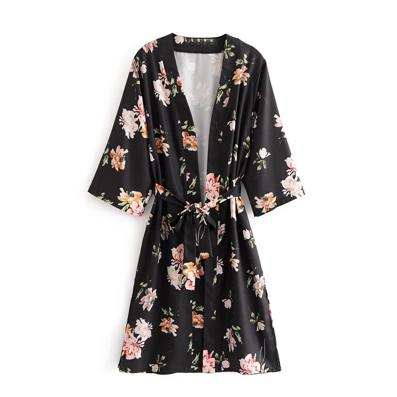 

Lady Trendy Black Maxi Kimono Sexy Beach Western Women Chiffon Long Sleeve Vacation Clothing, Printed