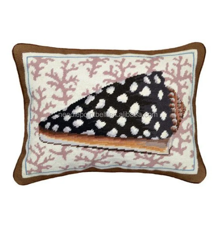 3.Ashley Handicrafts Coastal Seashell Needlepoint Wool Lumbar Pillow.jpg