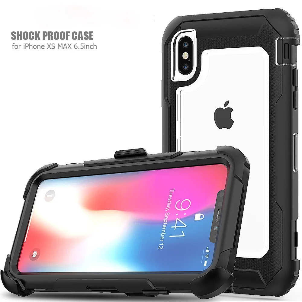 

Heavy duty drop resistant silicone rubber case for iPhone XS Max 6.5 clear PC back cover with slide holster, Black/clear/blue/green/pink