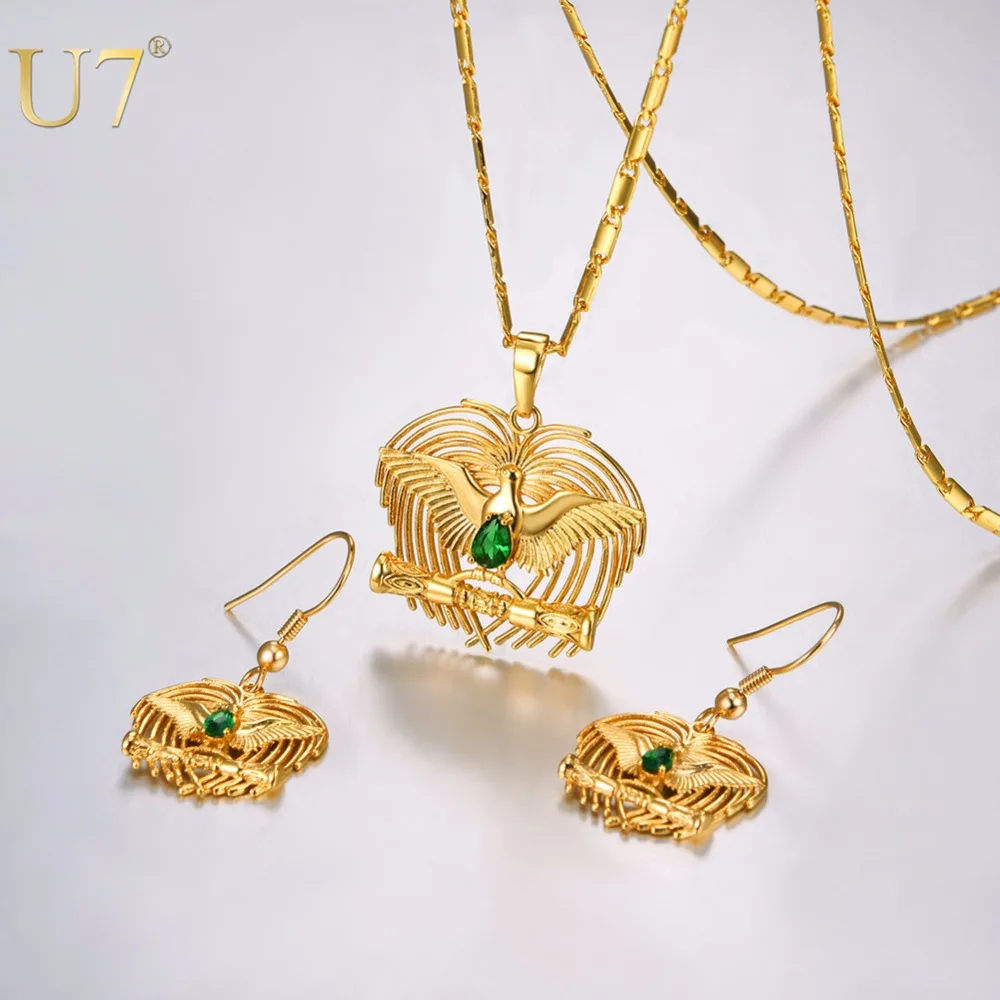 

U7 Africa PNG Jewelry Gold Plated Kundu Bird of Paradise Necklaces Set for Women