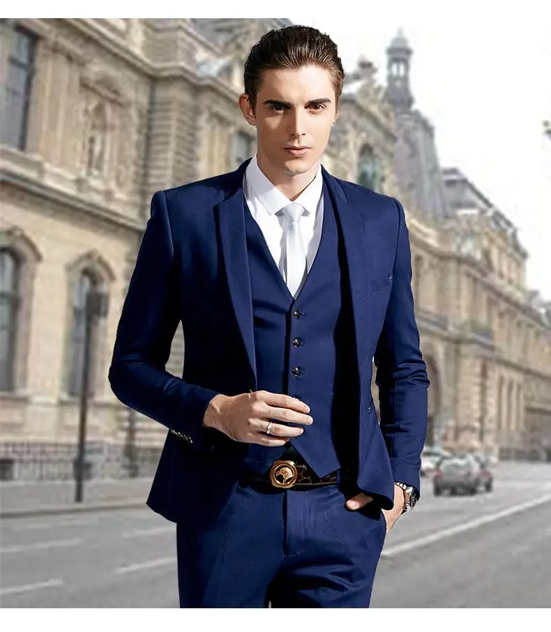Stylish Slim Fit Blue Groom Tuxedos Stand Colar One Button