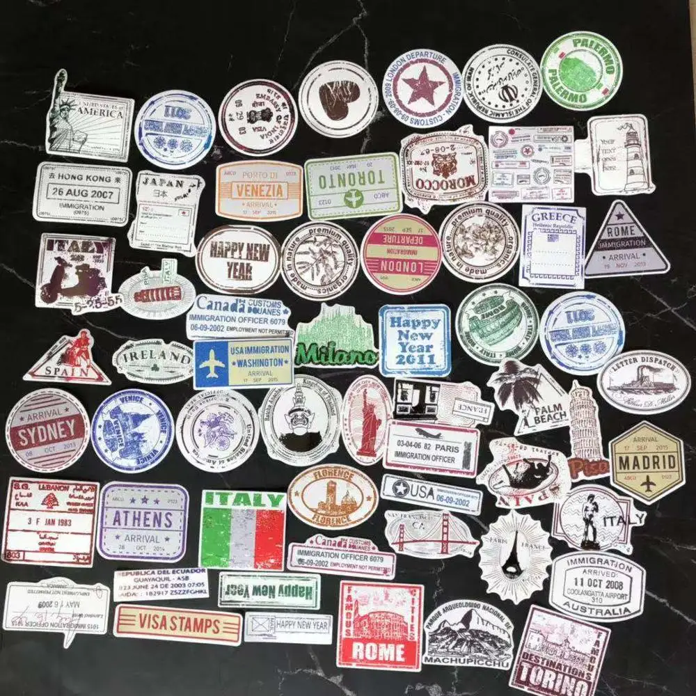 
60 sheets / bag Vintage Stamps Decorative Waterproof Vinyl Stickers Decal for Suitcase Skateboard Travel CASE 