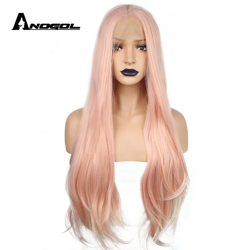 

Anogol Pink Lace Front Wig Glueless Long Synthetic Hair For White Women